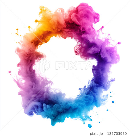 A vibrant circular splash of colorful smoke, blending pink, purple, blue, and yellow hues, creating a dynamic and visually striking image. 125703980