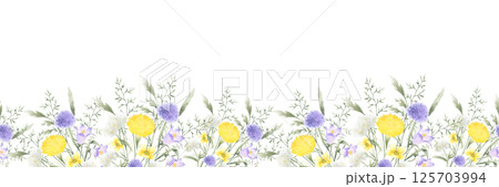 Wildflowers bellflower, dandelion, yarrow and meadow grasses. Hand drawn isolated watercolor seamless border of yellow lilac field flower. Horizontal banner with copy space for textile, packing tape 125703994