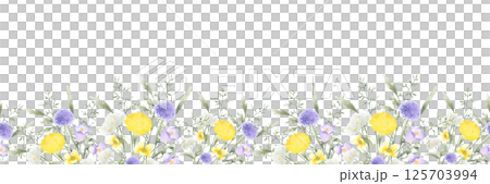 Wildflowers bellflower, dandelion, yarrow and meadow grasses. Hand drawn isolated watercolor seamless border of yellow lilac field flower. Horizontal banner with copy space for textile, packing tape 125703994