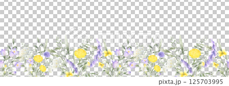 Wildflowers bellflower, dandelion, yarrow, mouse pea and meadow grasses. Hand drawn isolated watercolor seamless border of yellow lilac field flower Horizontal banner with copy space for fabric print 125703995