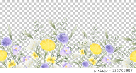 Wildflowers bellflower, dandelion, yarrow and meadow grasses. Hand drawn isolated watercolor seamless border of yellow lilac field flower. Horizontal banner with copy space for fabric, packing tape Wildflowers bellflower, dandelion, yarrow and meadow grasses. Hand drawn isolated watercolor seamless border of yellow lilac field flower. Horizontal banner with copy space for fabric, packing tape 125703997