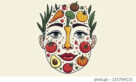 Illustrative depiction of different fruits and vegetables make a face, healthy balanced diet for body health 125704115
