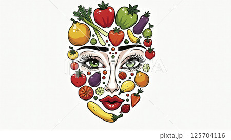 Illustrative depiction of different fruits and vegetables make a face, healthy balanced diet for body health 125704116