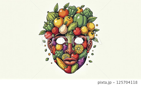 Illustrative depiction of different fruits and vegetables make a face, healthy balanced diet for body health 125704118