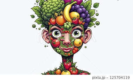Illustrative depiction of different fruits and vegetables make a face, healthy balanced diet for body health 125704119