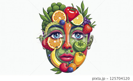 Illustrative depiction of different fruits and vegetables make a face, healthy balanced diet for body health 125704120