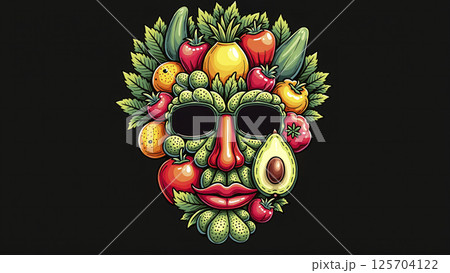 Illustrative depiction of different fruits and vegetables make a face, healthy balanced diet for body health 125704122