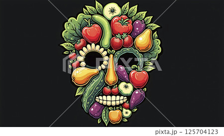 Illustrative depiction of different fruits and vegetables make a face, healthy balanced diet for body health 125704123