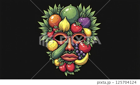 Illustrative depiction of different fruits and vegetables make a face, healthy balanced diet for body health 125704124