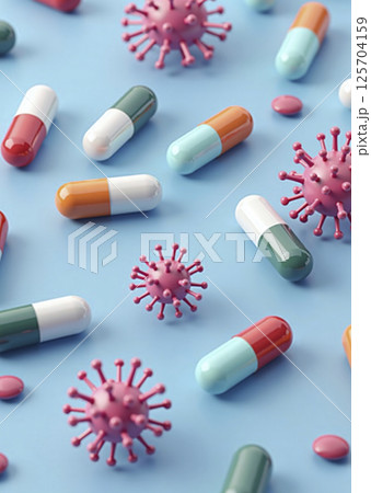 Different antiviral drugs in capsule or tablet form besides illustrative pathogens, pharmaceutical drug development against pathogens 125704159