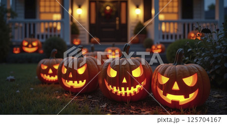 House decorated with spooky Halloween decorations, pumpkin faces and bats, 125704167