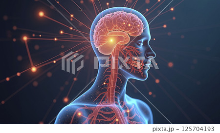 Graphic conceptual illustration of the nervous system in the human body, external environmental influences, sensory perception 125704193