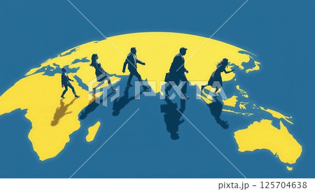 Different people walk across a world map, worldwide migration and flight due to economic reasons, crises, wars and environmental influences 125704638