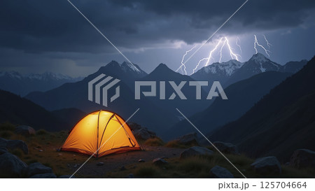 Illuminated camping tent at night with heavy thunderstorm and storm approaching, risk of severe weather and unprotected outdoor stay 125704664
