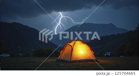 Illuminated camping tent at night with heavy thunderstorm and storm approaching, risk of severe weather and unprotected outdoor stay 125704665