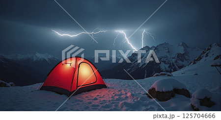Illuminated camping tent at night with heavy thunderstorm and storm approaching, risk of severe weather and unprotected outdoor stay 125704666