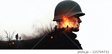 silhouette of a soldier in which warlike actions take place on the battlefield in war, destruction and trauma caused by conflict and war 125704732