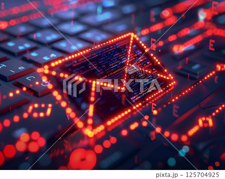 A futuristic digital corridor with glowing red email icons and binary code, representing data transmission and communication technology. A futuristic digital corridor with glowing red email icons and binary code, representing data transmission and communication technology. 125704925