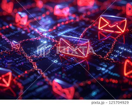 A futuristic digital corridor with glowing red email icons and binary code, representing data transmission and communication technology. A futuristic digital corridor with glowing red email icons and binary code, representing data transmission and communication technology. 125704929