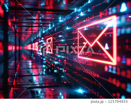 A futuristic digital corridor with glowing red email icons and binary code, representing data transmission and communication technology. A futuristic digital corridor with glowing red email icons and binary code, representing data transmission and communication technology. 125704933