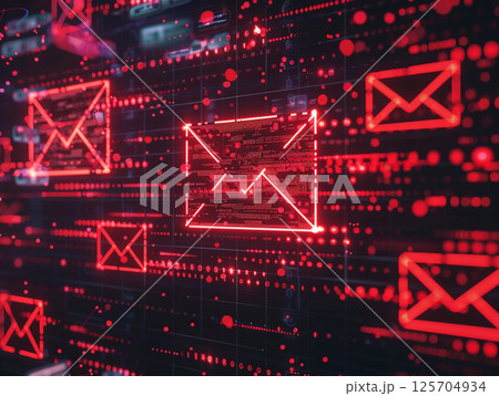 A futuristic digital corridor with glowing red email icons and binary code, representing data transmission and communication technology. A futuristic digital corridor with glowing red email icons and binary code, representing data transmission and communication technology. 125704934