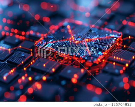 A futuristic digital corridor with glowing red email icons and binary code, representing data transmission and communication technology. 125704952