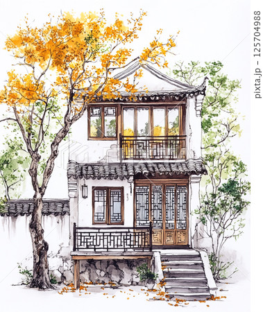 A traditional Chinese house with intricate wooden details, autumnal yellow foliage, tiled roof, and a stone path, exuding cultural charm and tranquility. 125704988