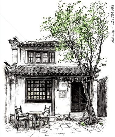 A traditional Chinese house with intricate wooden details, autumnal yellow foliage, tiled roof, and a stone path, exuding cultural charm and tranquility. A traditional Chinese house with intricate wooden details, autumnal yellow foliage, tiled roof, and a stone path, exuding cultural charm and tranquility. 125704998