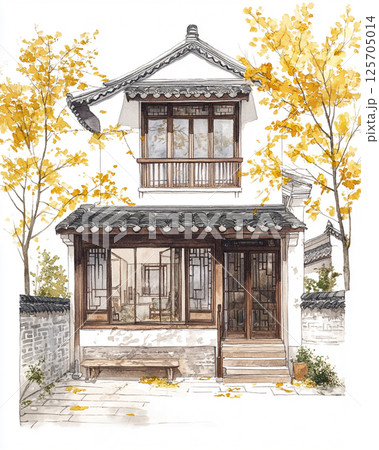 A traditional Chinese house with intricate wooden details, autumnal yellow foliage, tiled roof, and a stone path, exuding cultural charm and tranquility. A traditional Chinese house with intricate wooden details, autumnal yellow foliage, tiled roof, and a stone path, exuding cultural charm and tranquility. 125705014