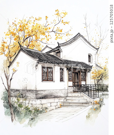 A traditional Chinese house with intricate wooden details, autumnal yellow foliage, tiled roof, and a stone path, exuding cultural charm and tranquility. 125705018