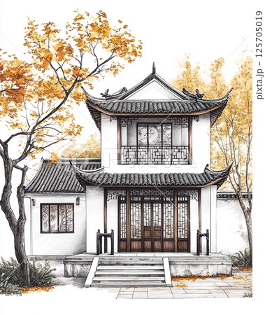 A traditional Chinese house with intricate wooden details, autumnal yellow foliage, tiled roof, and a stone path, exuding cultural charm and tranquility. 125705019
