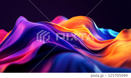 A dynamic, fluid wave of colors blending seamlessly from blue to purple to orange against a dark background, creating a visually striking and modern digital artwork. 125705094
