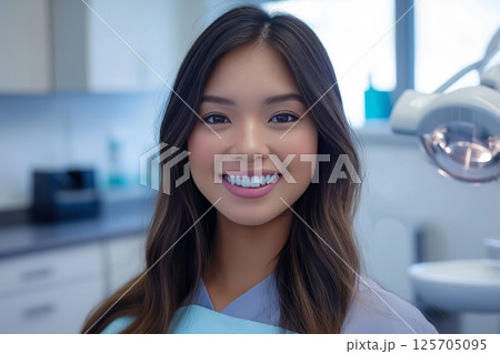 Woman's smile transformation before and after dental treatment in clinic 125705095