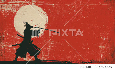 A silhouette of a samurai holding a katana stands against a red and white abstract background, evoking a sense of traditional Japanese culture and artistry. 125705225