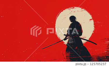 A silhouette of a samurai holding a katana stands against a red and white abstract background, evoking a sense of traditional Japanese culture and artistry. 125705237