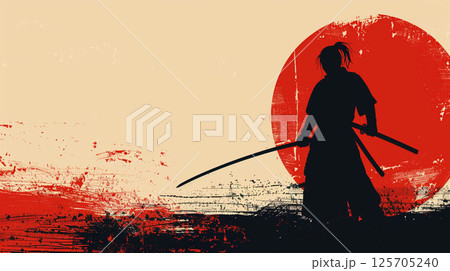 A silhouette of a samurai holding a katana stands against a red and white abstract background, evoking a sense of traditional Japanese culture and artistry. 125705240