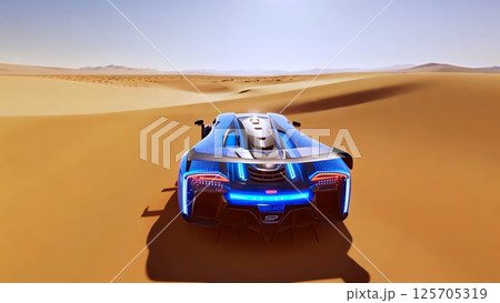Futuristic electric sports car racing across sand dunes in a vast desert landscape, highlighting innovative design and thrilling speed under the bright sunlight Futuristic electric sports car racing across sand dunes in a vast desert landscape, highlighting innovative design and thrilling speed under the bright sunlight 125705319