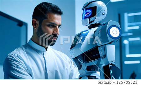 Arabic Electronics engineer analyzing advanced humanoid robot within cutting edge research laboratory, examining technological capabilities and potential breakthrough innovations 125705323