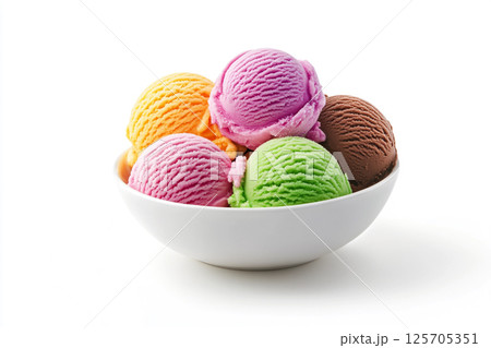 A white bowl filled with scoops of colorful ice cream in various flavors, including pink, yellow, orange, green, and brown, arranged in an appealing manner. Isolated on white background.  125705351