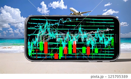 Aerial view of smartphone displaying stock market graph, passing airplane, turquoise tropical beach background, symbolizing digital nomad lifestyle and financial mobility 125705389