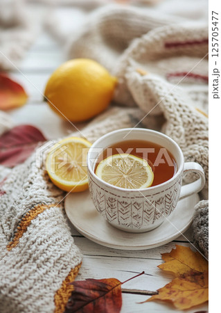 A cozy scene featuring a cup of tea with a lemon slice, surrounded by a knitted blanket and autumn leaves. 125705477
