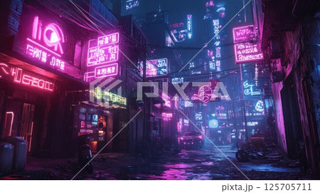 Neon-lit alleyway in a futuristic Asian city at night 125705711