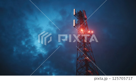 Nighttime view of a telecommunication tower against stormy sky 125705717