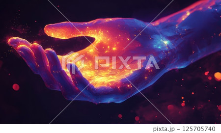 Radiant hand glowing with fire in the cosmos 125705740