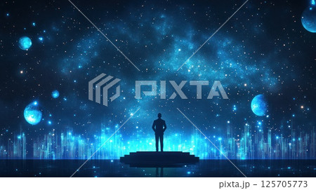 Man Contemplating Cosmic Cityscape at Night 125705773