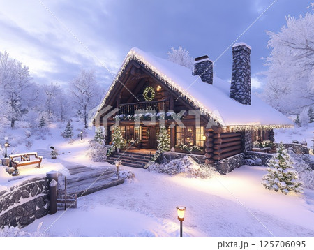 Snowy Christmas log cabin, festive decor, winter wonderland, evening scene 125706095