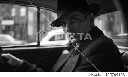 Stylish man in vintage car, city backdrop, black and white Stylish man in vintage car, city backdrop, black and white 125706108