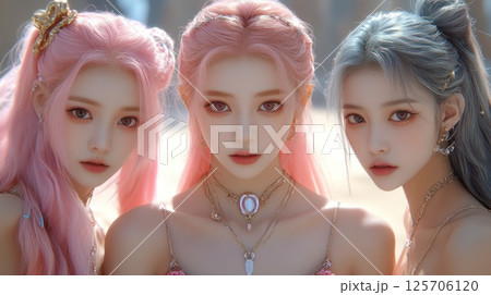 Three women with pastel hair, desert setting,  fashion photoshoot 125706120