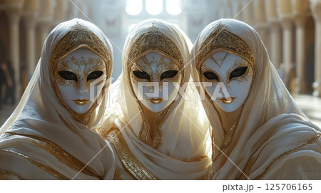 Venetian masked women, cathedral background, closeup portrait Venetian masked women, cathedral background, closeup portrait 125706165