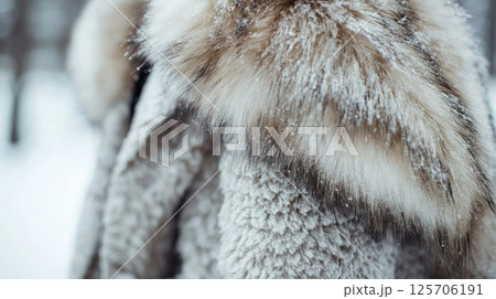 Woman's Faux Fur Coat in Snowy Landscape Woman's Faux Fur Coat in Snowy Landscape 125706191